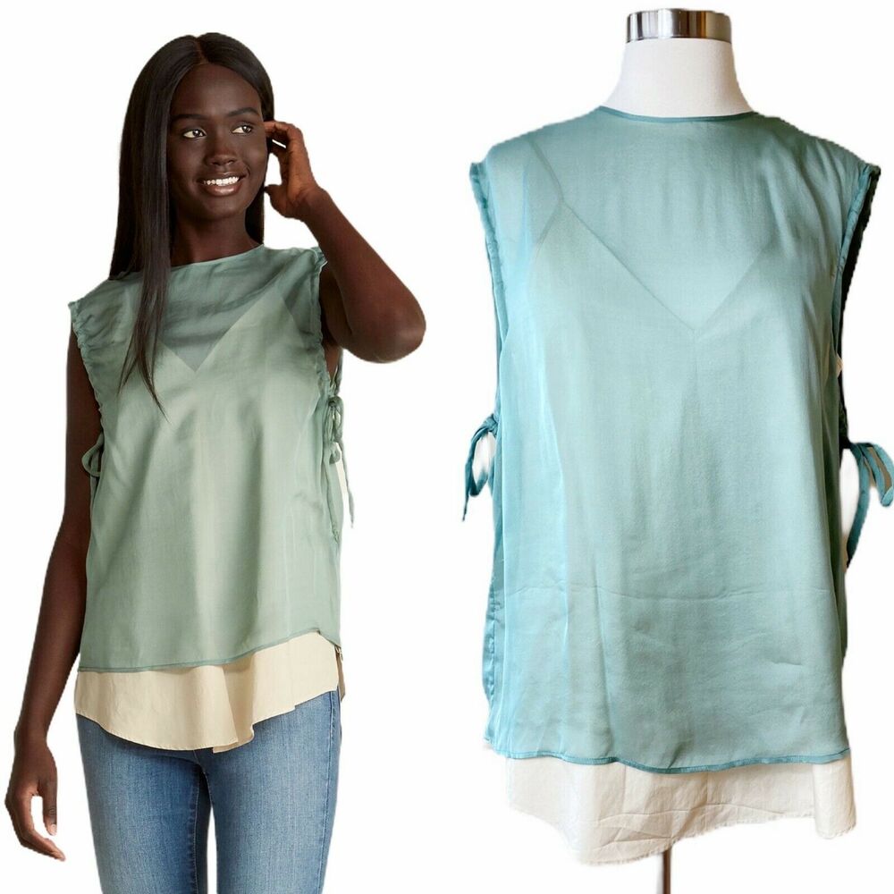 ALYSI Chocolat Silk Blouse Side Ties Sleeveless Italy Green Ivory Layered IT 44